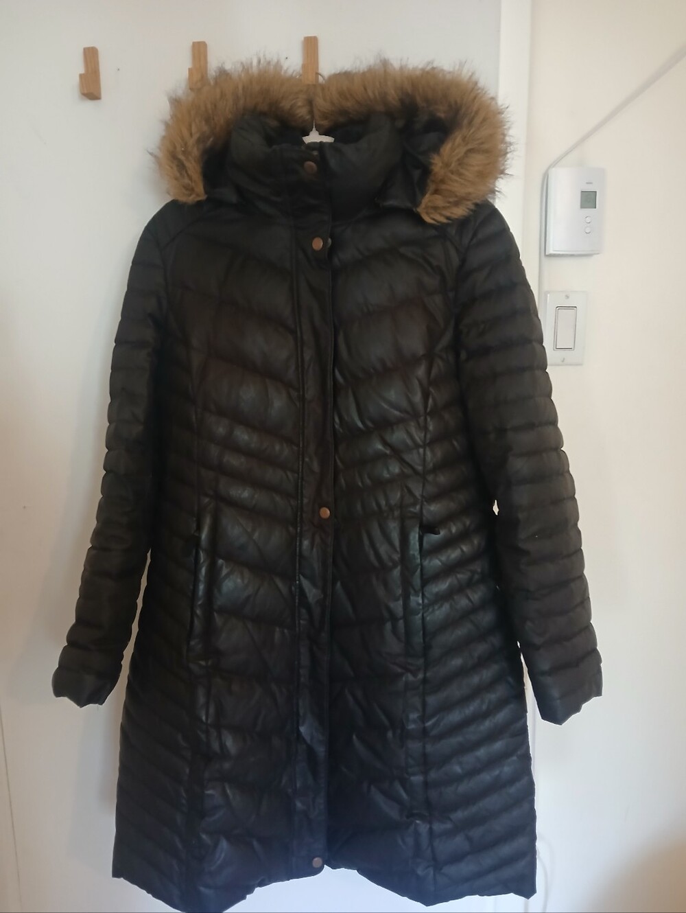 Andrew Mark Women’s Black Quilted Long Puffer Coat with Faux Fur Hood